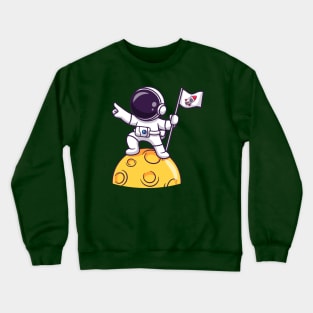 Cute Astronaut Holding Flag On Moon Cartoon Crewneck Sweatshirt